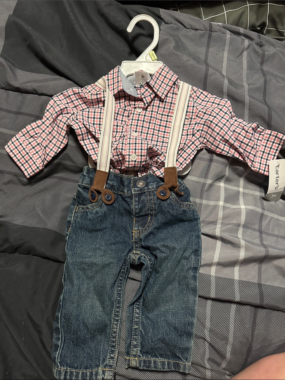 Carter's Pink Plaid Shirt with Beige Suspenders and Blue Denim Pants